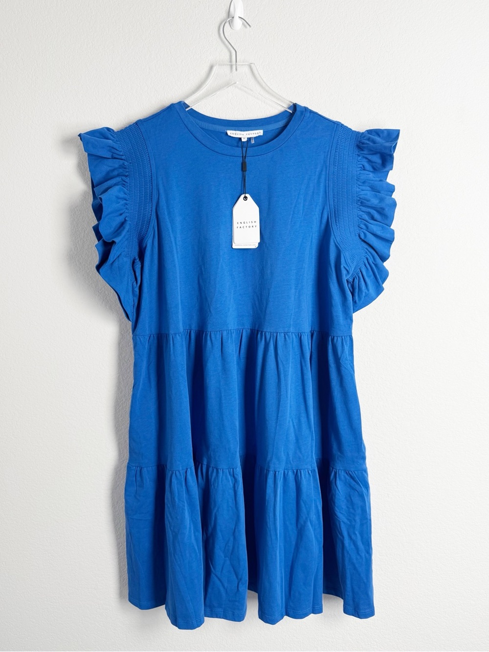 English Factory Cobalt Blue Ruffle Sleeve Tiered Mini Dress